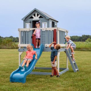Medinė lauko žaidimų aikštelė vaikams | Namelis ant polių su čiuožykla ir smėlio dėže | Backyard Discovery B2102323